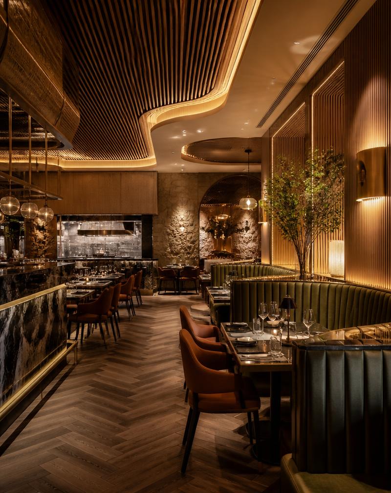Modern luxury restaurant interior renovation with warm lighting